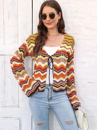 Striped Openwork Tied Cardigan - Bad Moms Club