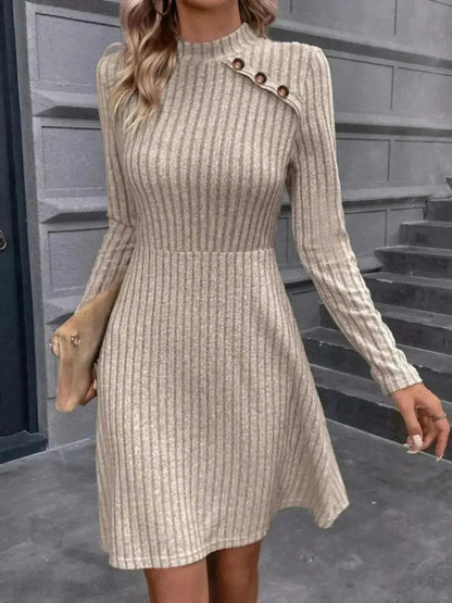 Decorative Button Mock Neck Long Sleeve Sweater Dress - Bad Moms Club