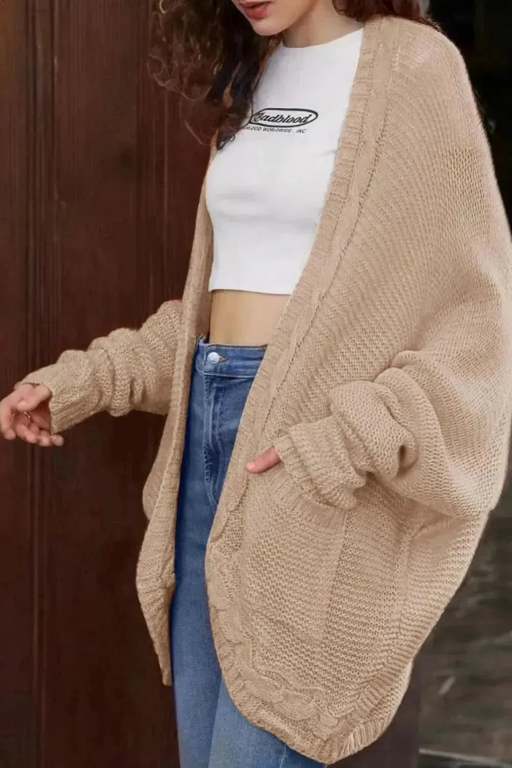 Cable-Knit Open Front Cardigan with Pockets - Bad Moms Club