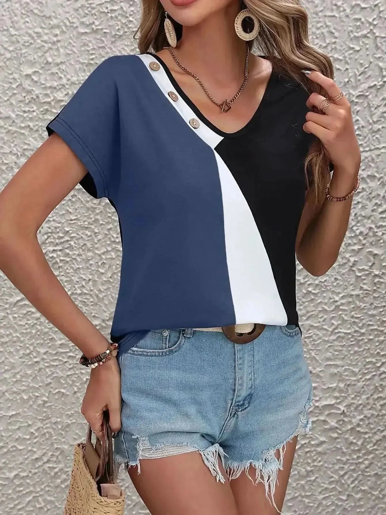 Ivy Lane Color Block Decorative Button V-Neck Tee - Bad Moms Club