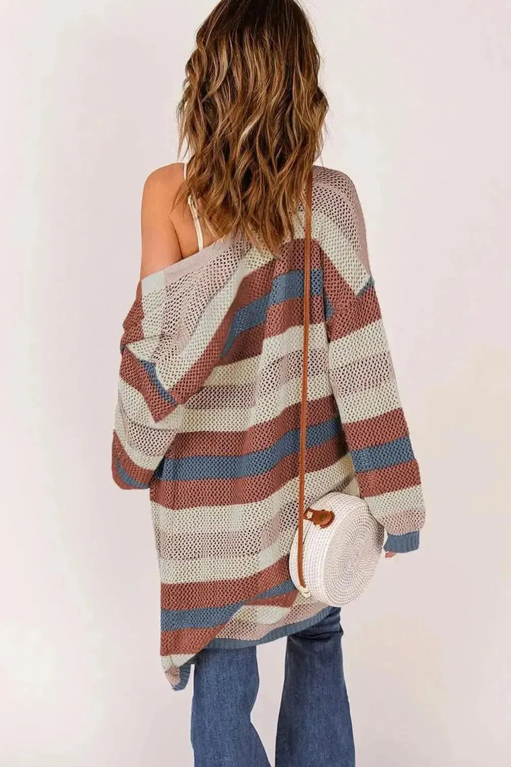 Full Size Striped Long Sleeve Openwork Cardigan - Bad Moms Club