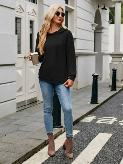 Ribbed Drawstring Long Sleeve Hoodie - Bad Moms Club