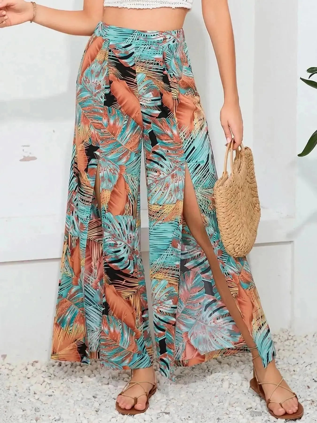 Printed Split Wide Leg Long Pants - Bad Moms Club