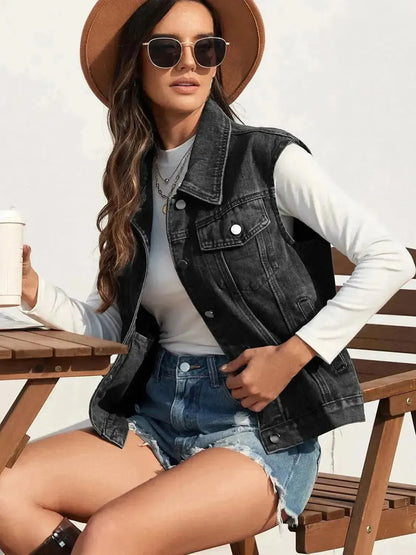 Collared Neck Sleeveless Denim Jacket - Bad Moms Club