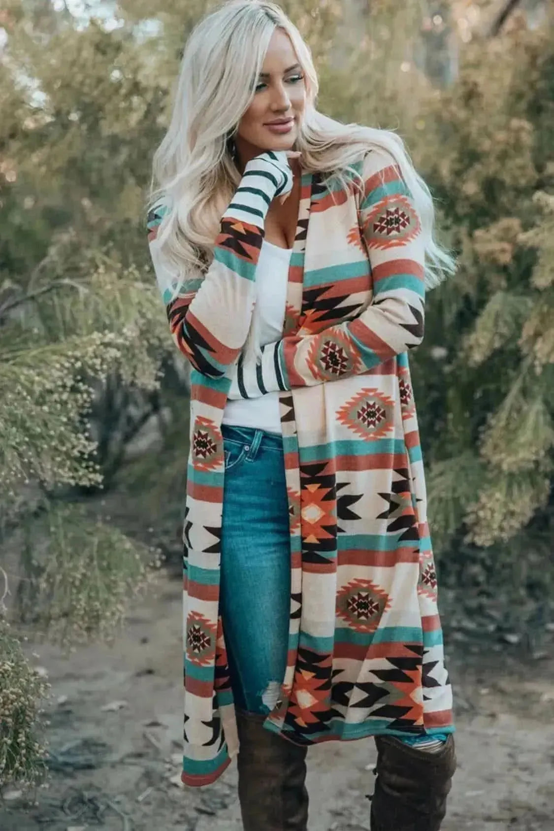 Multicolor Geometric Color Block Open Front Long Cardigan - Bad Moms Club