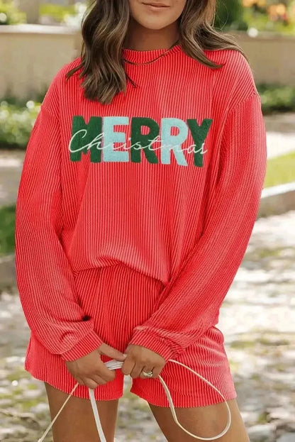 MERRY CHRISTMAS Round Neck Long Sleeve Top and Shorts Set - Bad Moms Club