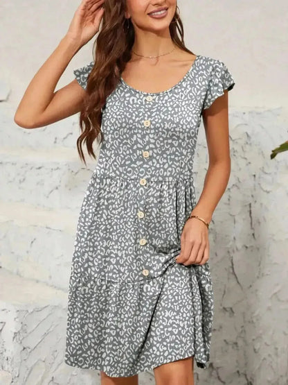Leopard Round Neck Cap Sleeve Mini Dress - Bad Moms Club