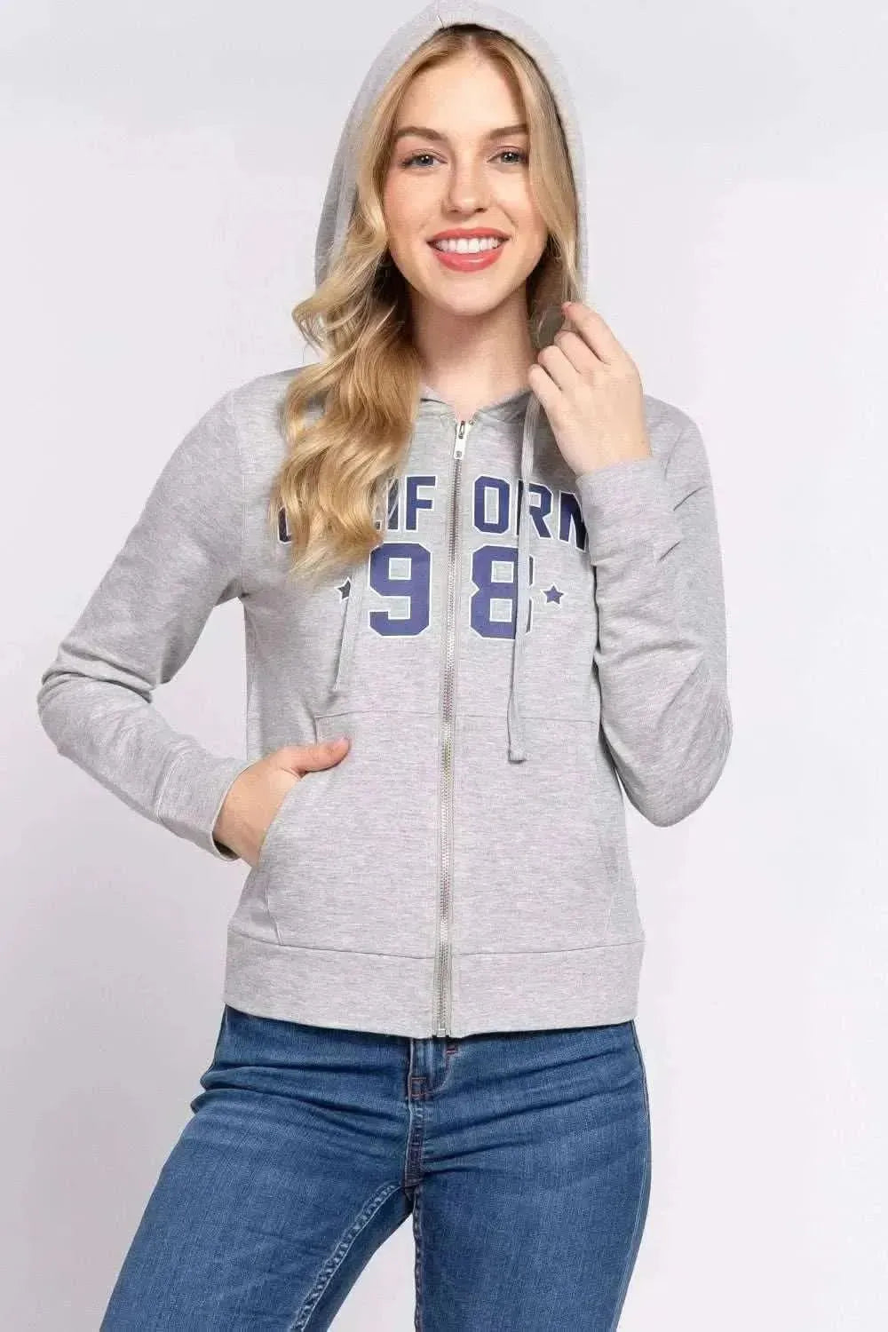 ACTIVE BASIC CALIFORNIA Zip Up Drawstring Long Sleeve Hoodie - Bad Moms Club
