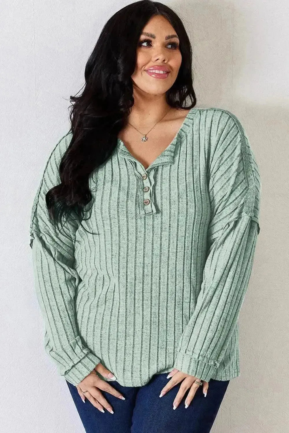 Basic Bae Full Size Ribbed Half Button Long Sleeve T-Shirt - Bad Moms Club
