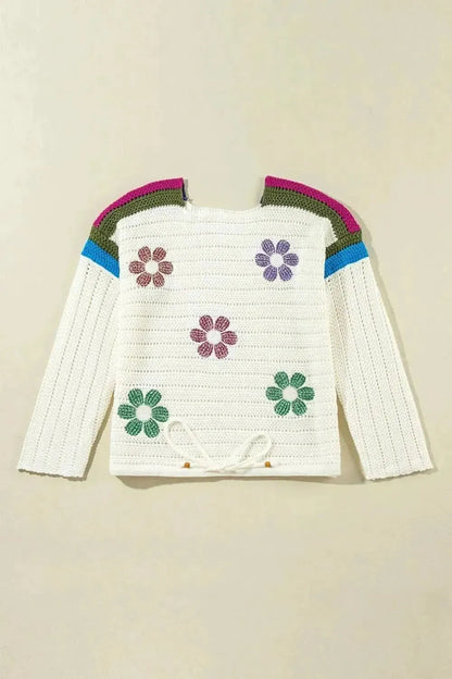 Flower Round Neck Long Sleeve Sweater - Bad Moms Club
