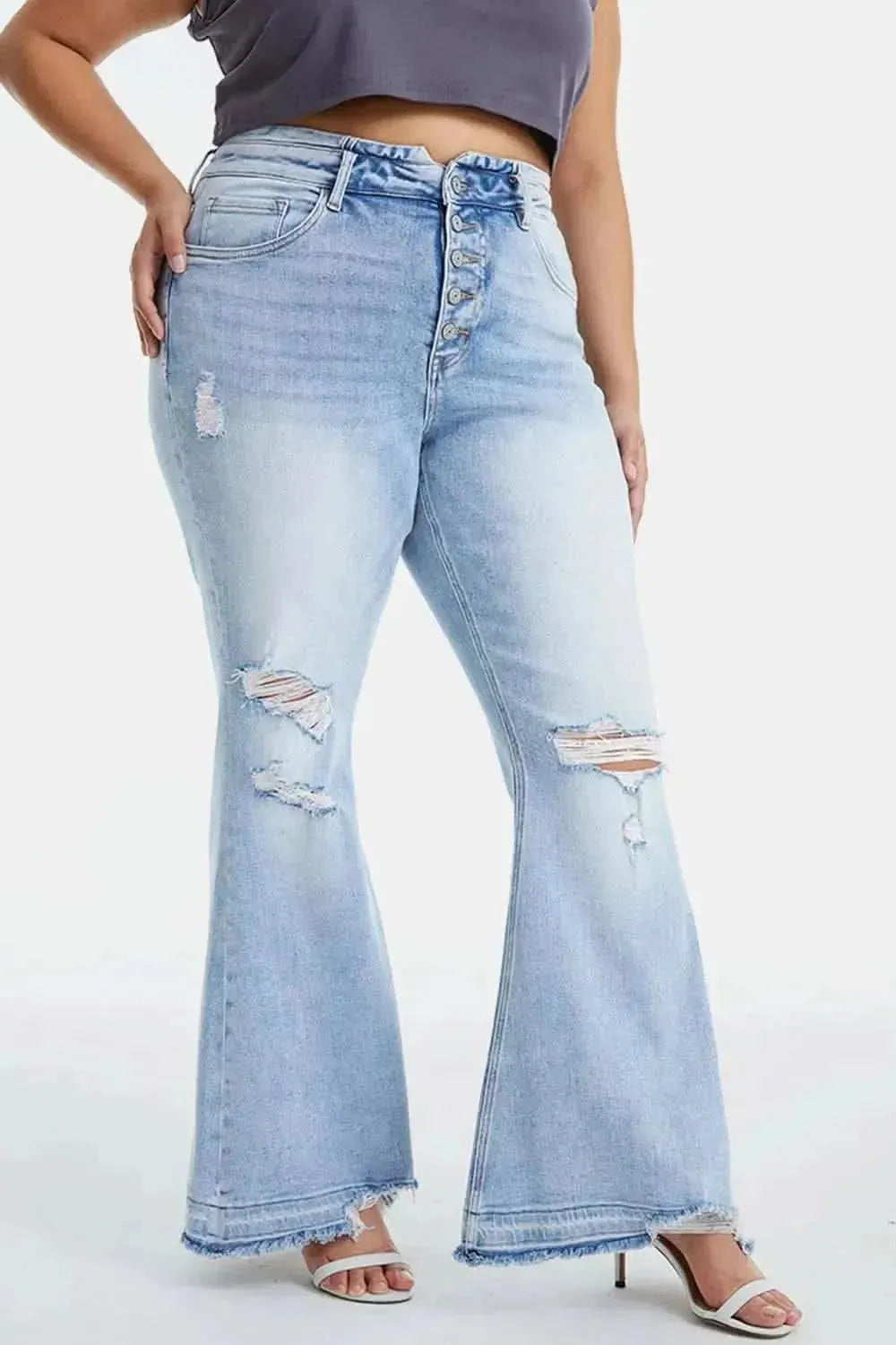 BAYEAS Full Size Distressed Raw Hem High Waist Flare Jeans - Bad Moms Club