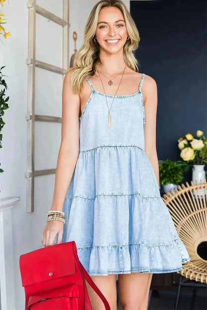 Spaghetti Strap Tiered Denim Dress - Bad Moms Club