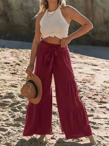 Tied Ruched Wide Leg Pants - Bad Moms Club