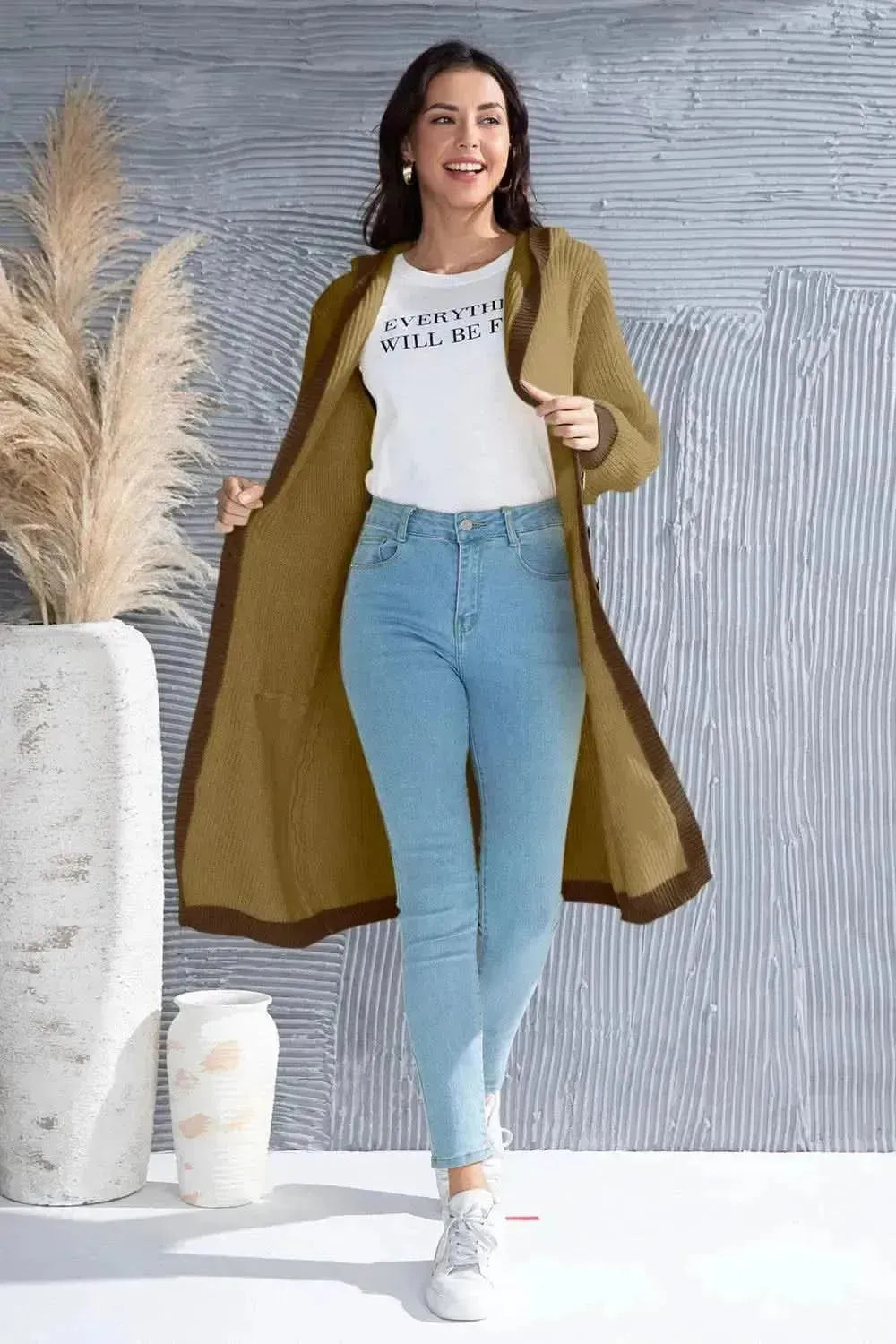 Button Up Contrast Trim Hooded Cardigan - Bad Moms Club