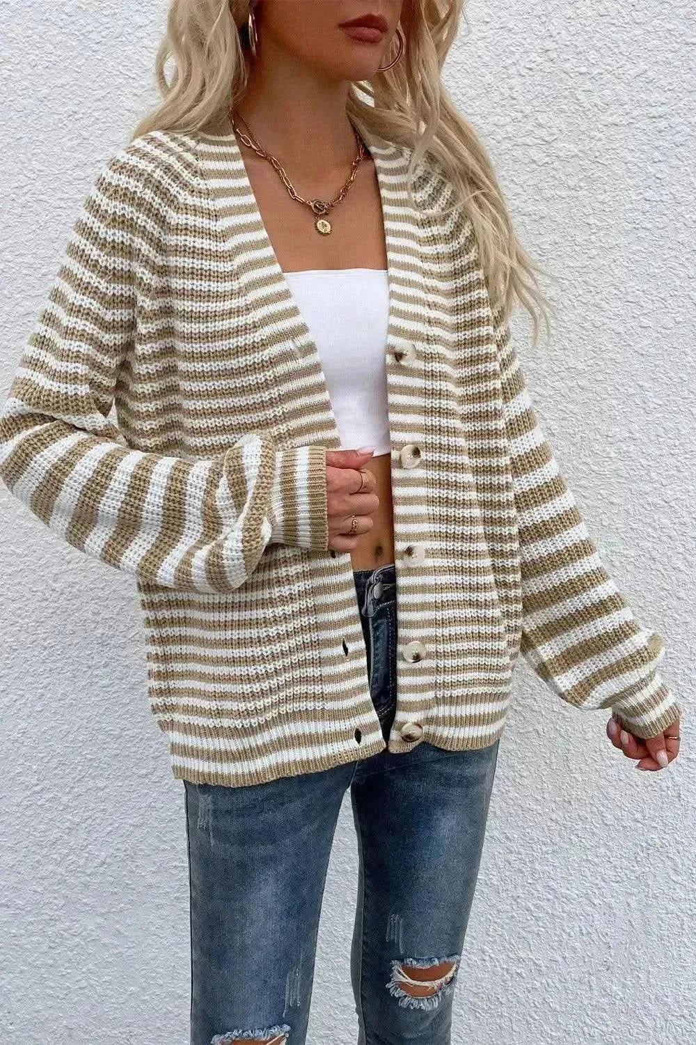 Striped V-Neck Button-Down Cardigan - Bad Moms Club