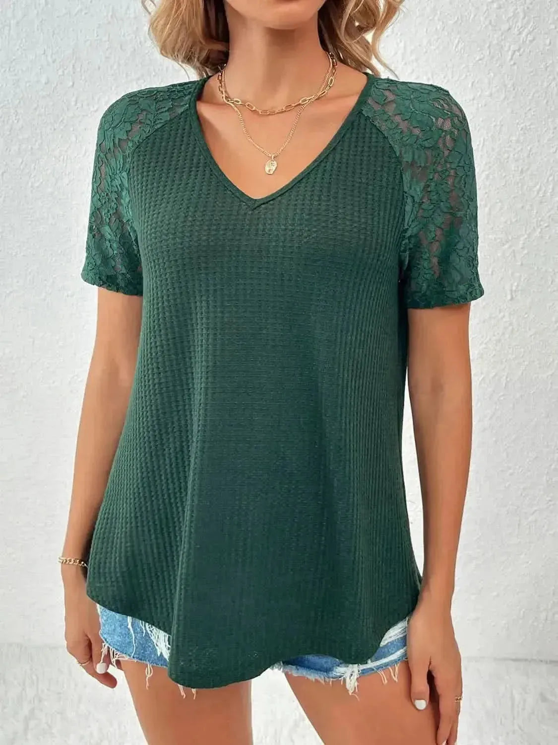 Ivy Lane Lace Detail V-Neck Short Sleeve T-Shirt - Bad Moms Club