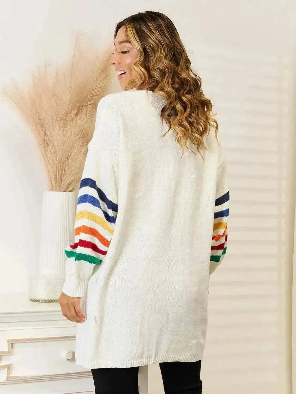 Striped Open Front Dropped Shoulder Cardigan - Bad Moms Club