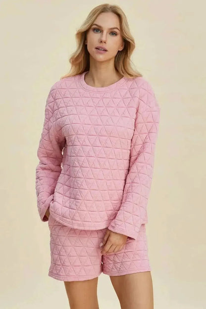 Double Take Full Size Texture Round Neck Long Sleeve Top and Shorts Set - Bad Moms Club