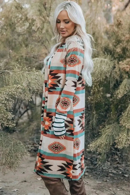 Multicolor Geometric Color Block Open Front Long Cardigan - Bad Moms Club