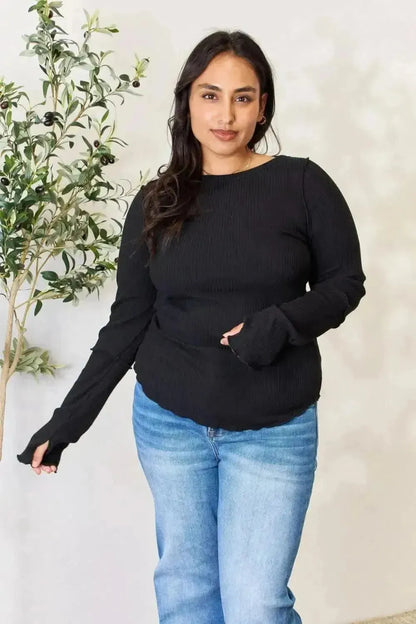 Culture Code Full Size Ribbed Round Neck Long Sleeve Top - Bad Moms Club