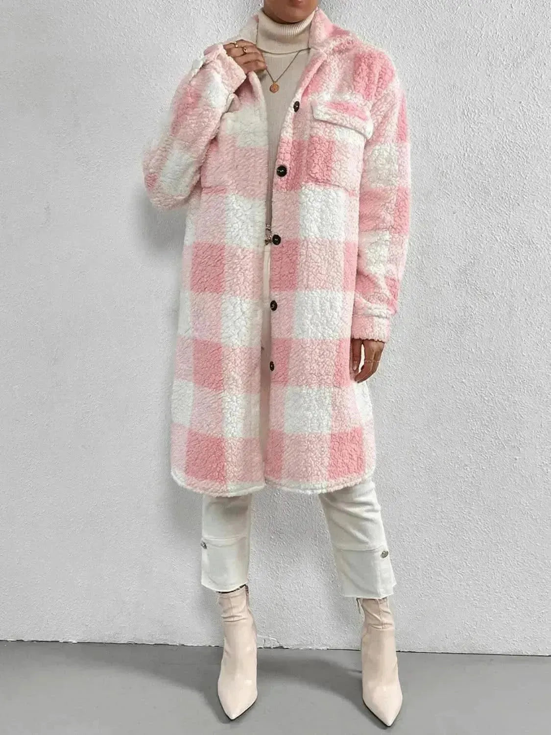 Plaid Collared Neck Button Down Coat - Bad Moms Club