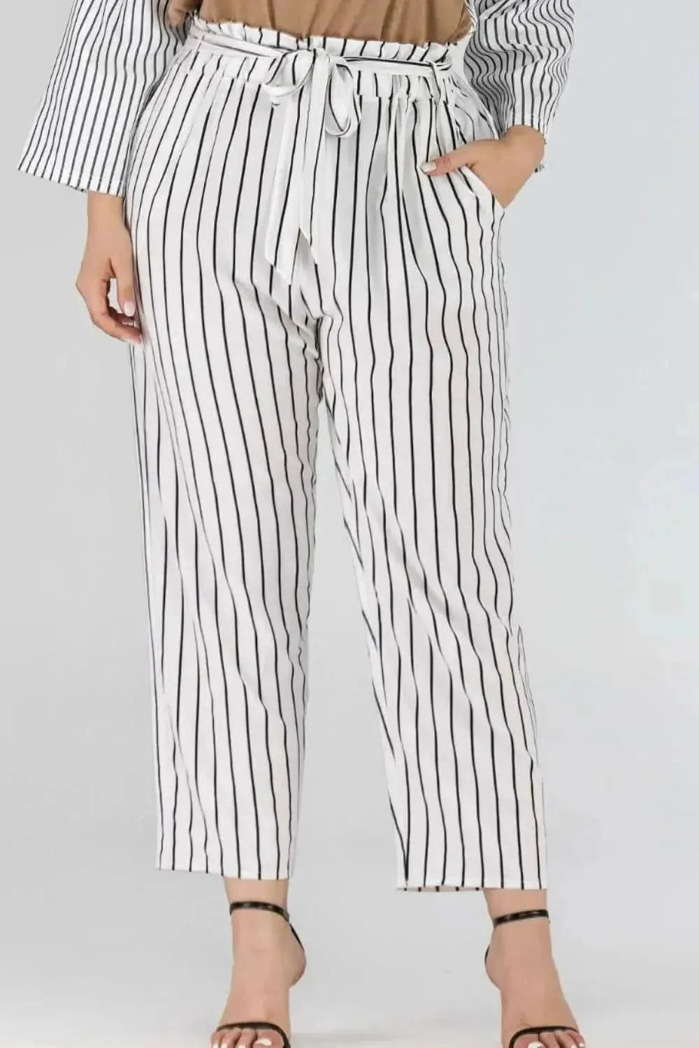Full Size Striped Paperbag Waist Cropped Pants - Bad Moms Club