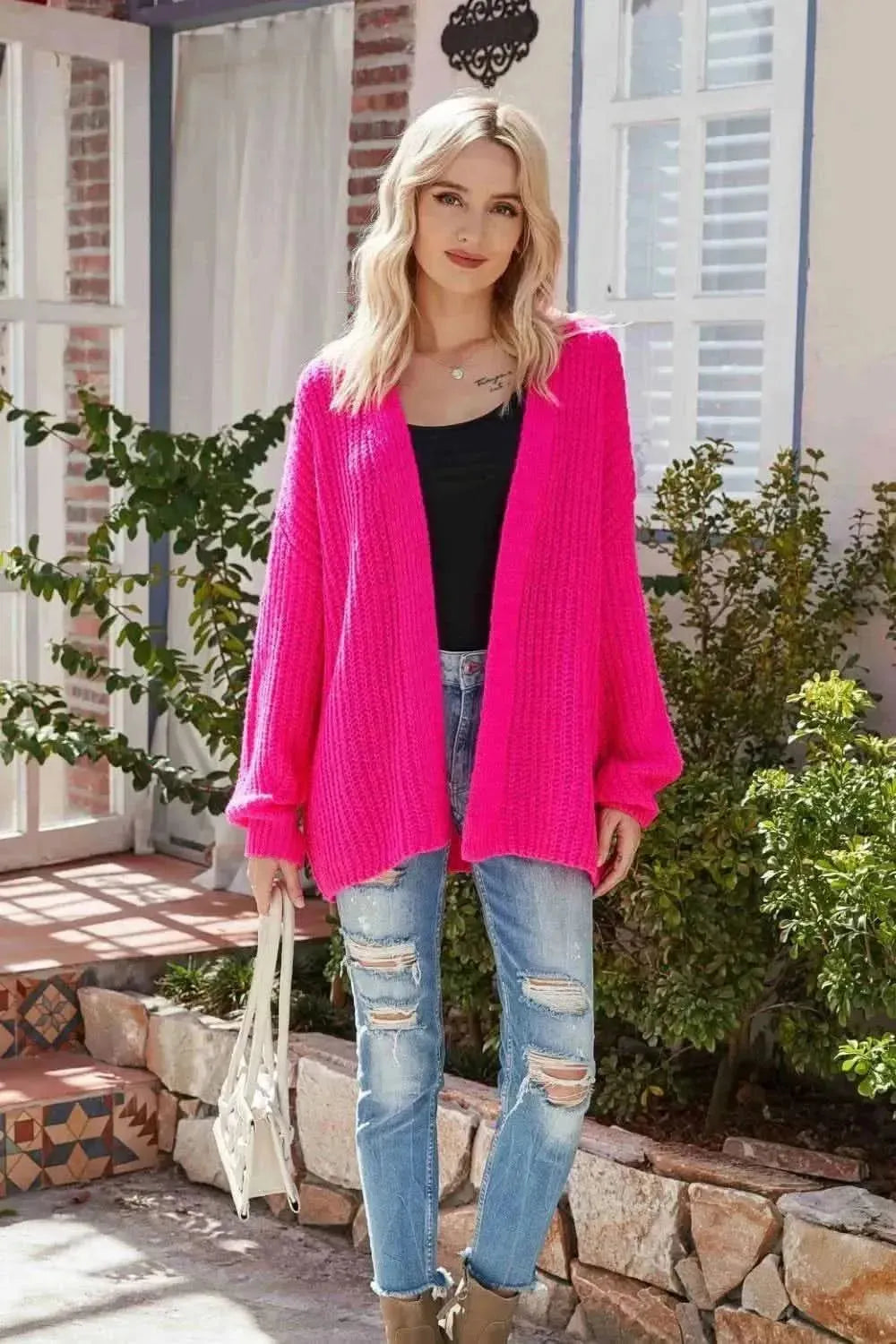 Rib-Knit Open Front Drop Shoulder Cardigan - Bad Moms Club
