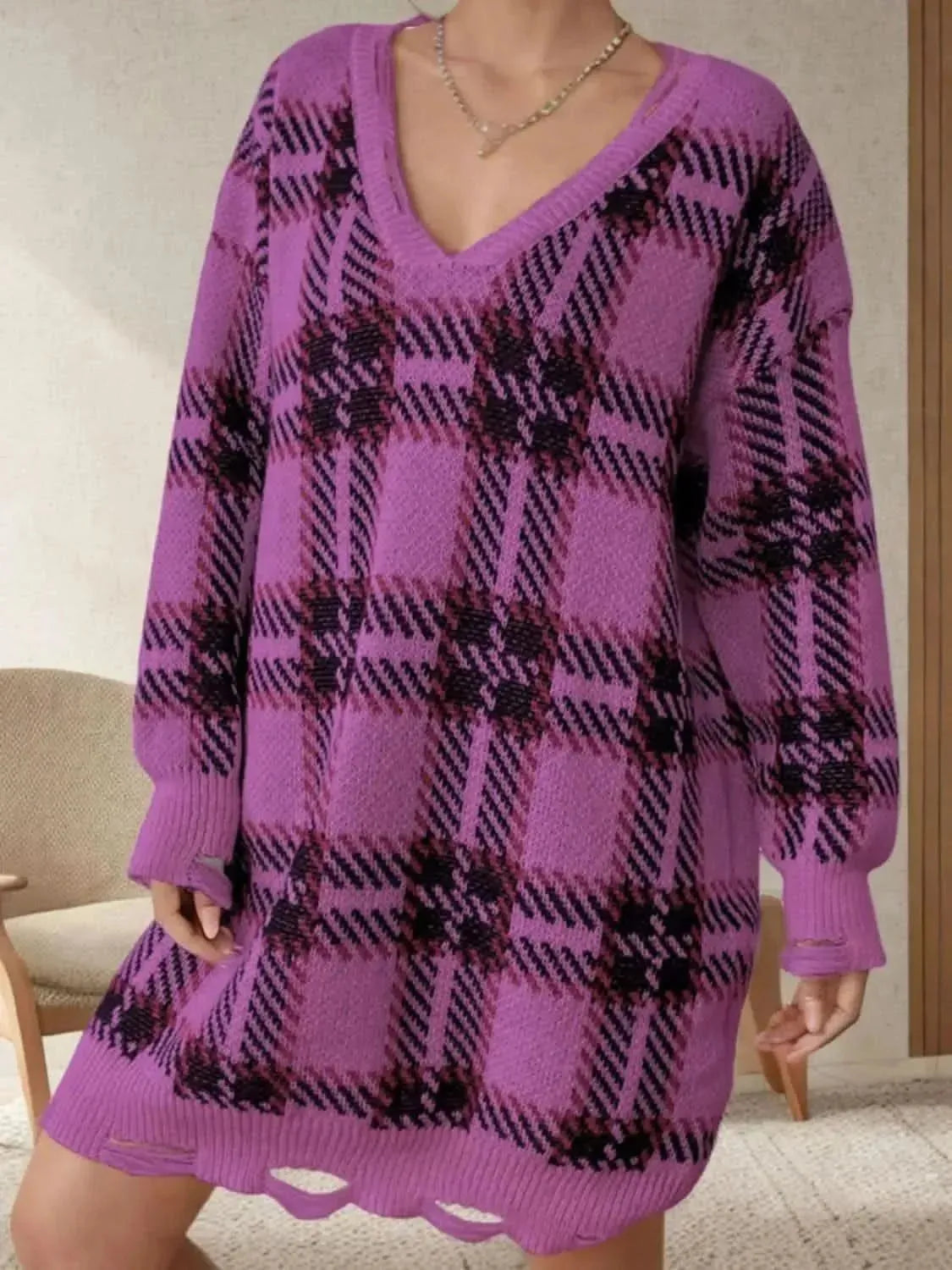 Distressed Plaid V-Neck Long Sleeve Sweater Dress - Bad Moms Club