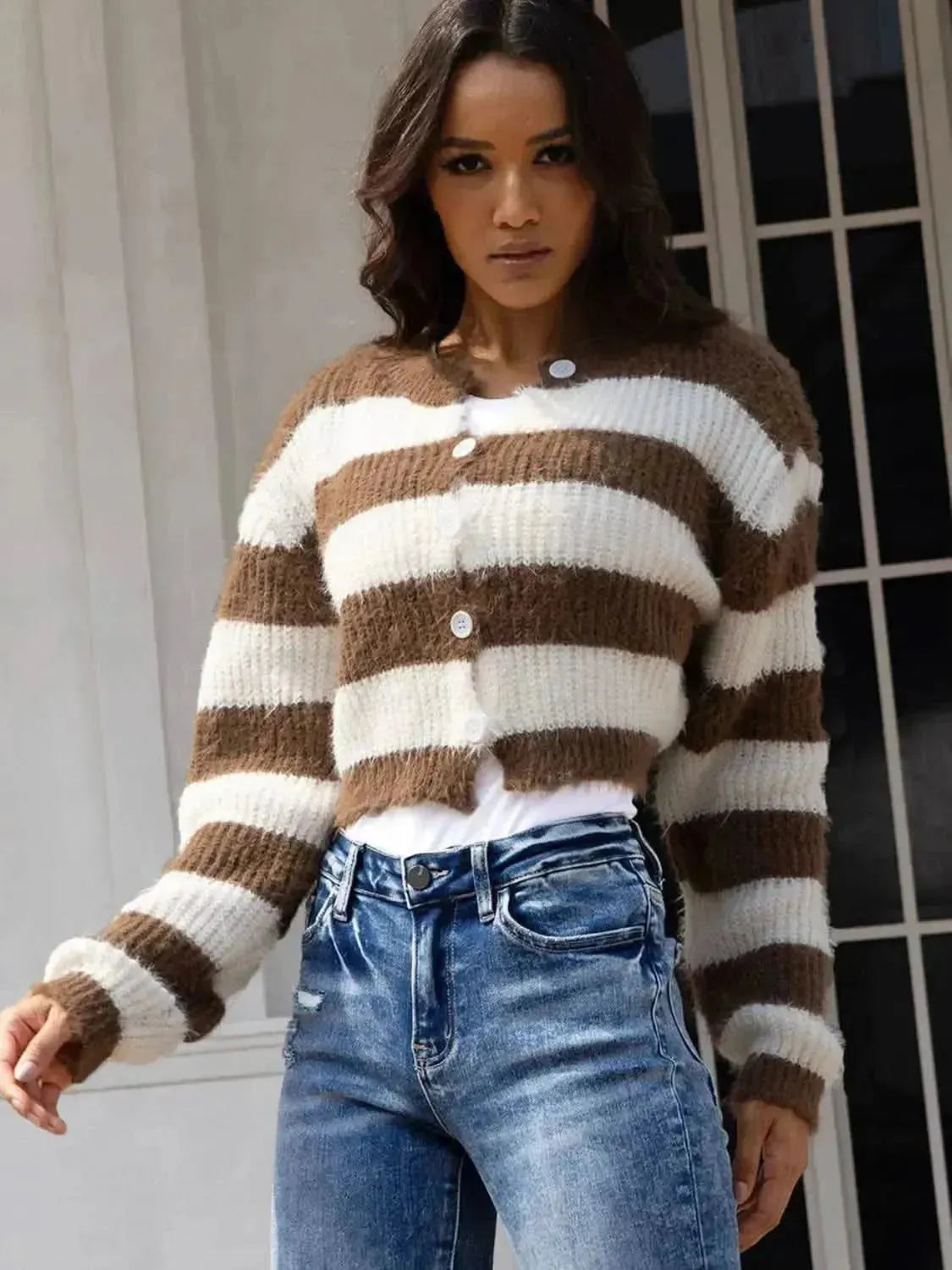 Striped Button Up Dropped Shoulder Cardigan - Bad Moms Club