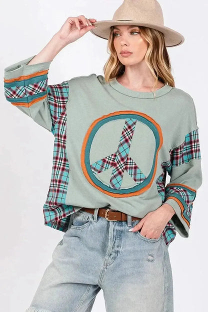 SAGE + FIG Peace Applique Patch Contrast Plaid Top - Bad Moms Club