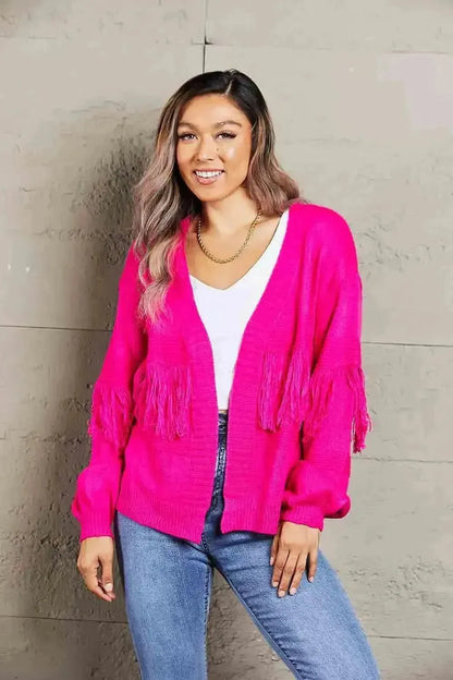 Fringe Trim Open Front Cardigan - Bad Moms Club