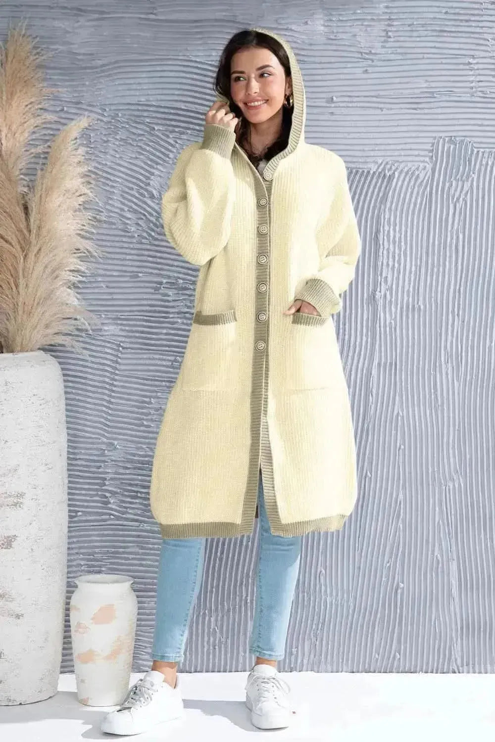 Button Up Contrast Trim Hooded Cardigan - Bad Moms Club