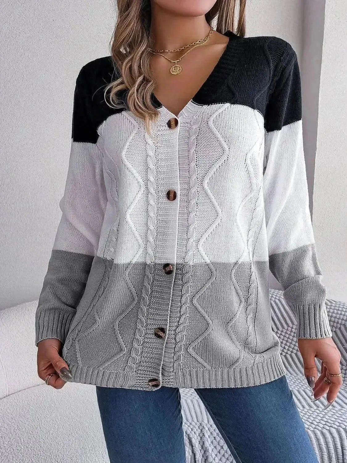 Cable-Knit Striped Button Up Cardigan - Bad Moms Club