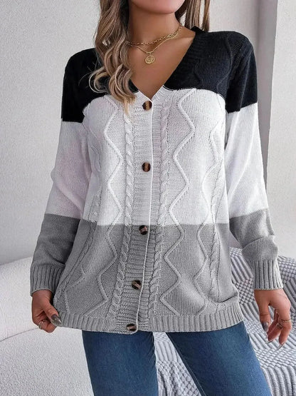 Cable-Knit Striped Button Up Cardigan - Bad Moms Club