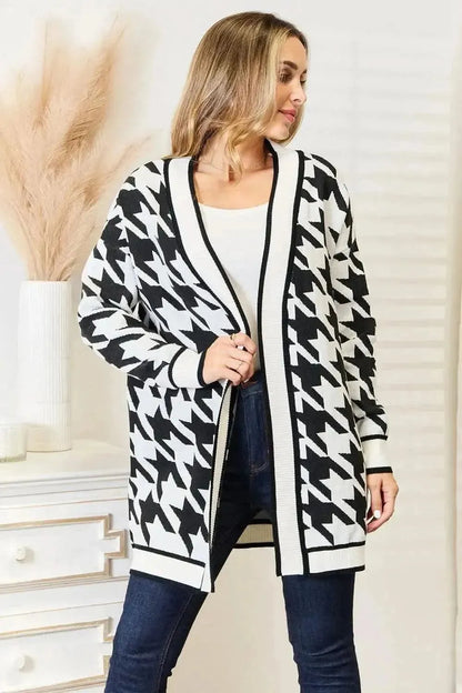 Woven Right Houndstooth Open Front Longline Cardigan - Bad Moms Club