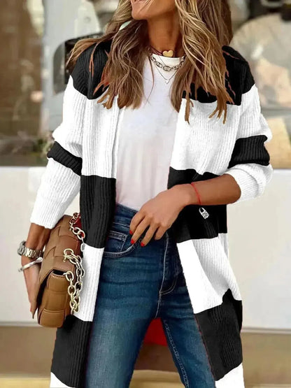 Contrast Open Front Long Sleeve Cardigan - Bad Moms Club