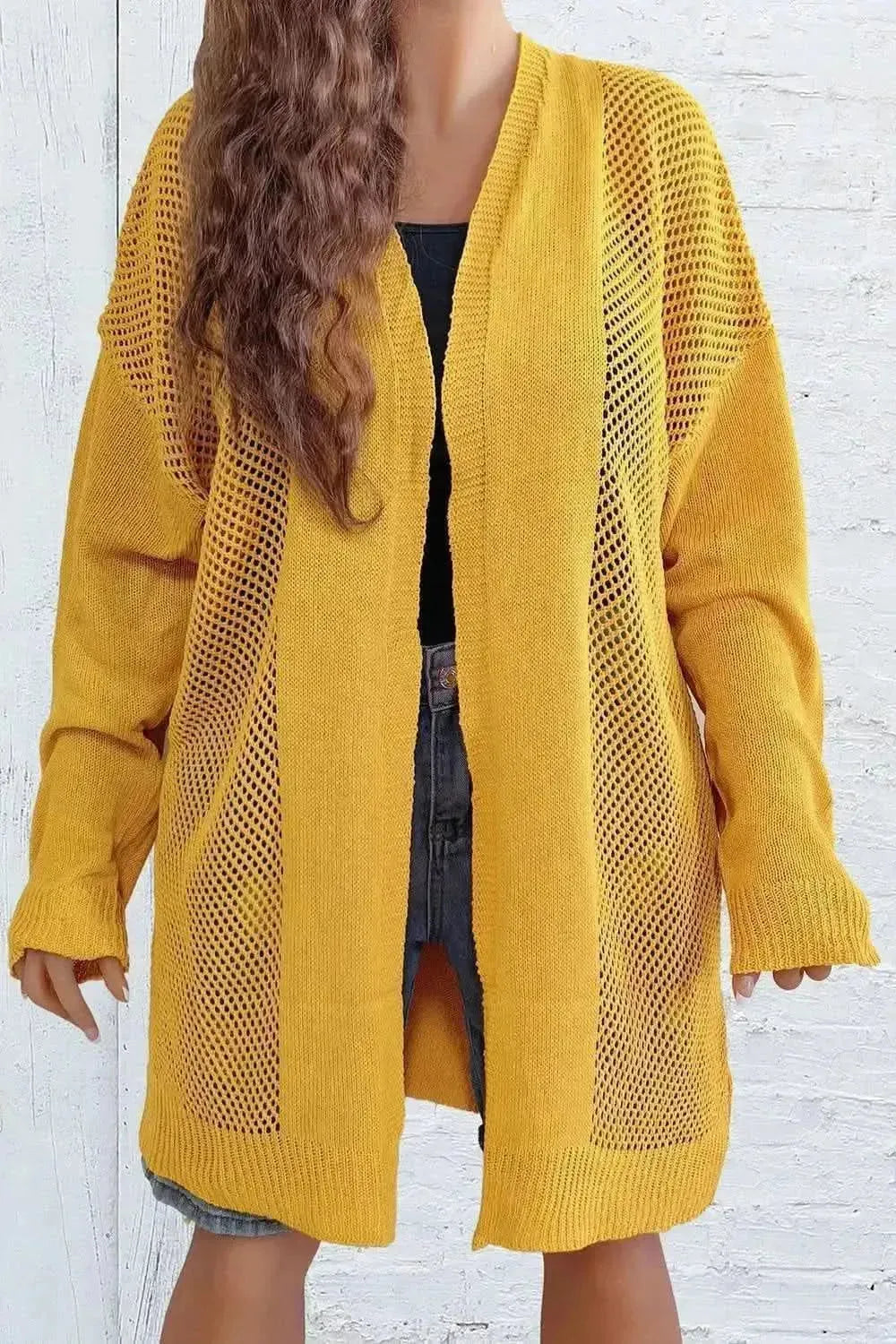 Plus Size Openwork Long Sleeve Open Front Cardigan - Bad Moms Club