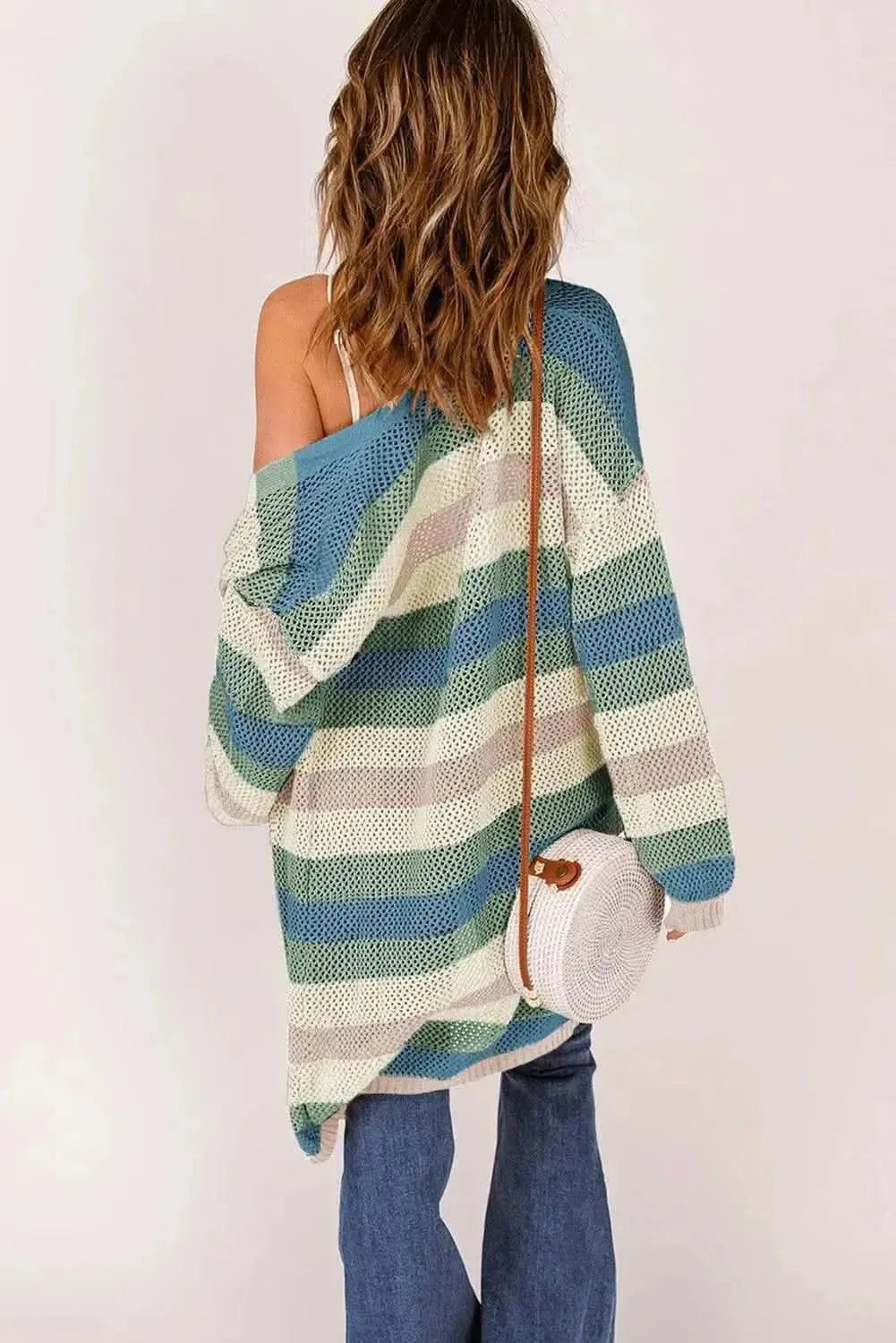 Full Size Striped Long Sleeve Openwork Cardigan - Bad Moms Club