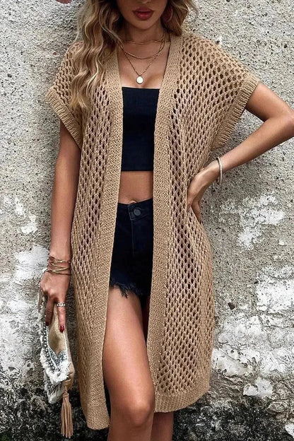 Openwork Open Front Short Sleeve Cardigan - Bad Moms Club