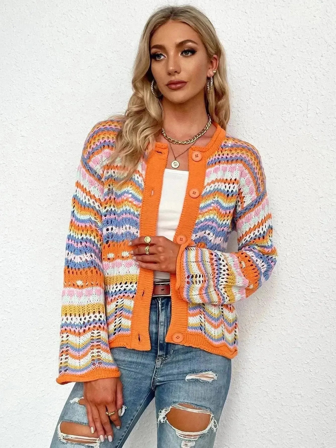 Chevron Stripes Openwork Cardigan - Bad Moms Club