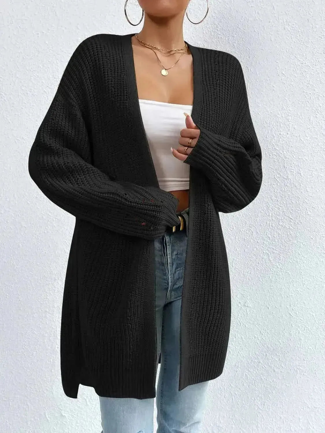 Open Front Dropped Shoulder Slit Cardigan - Bad Moms Club