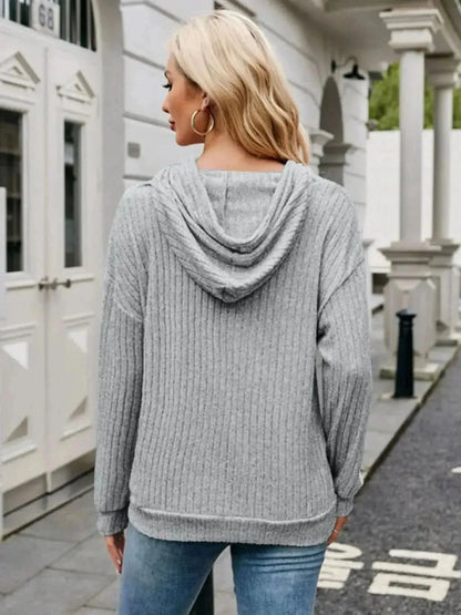 Ribbed Drawstring Long Sleeve Hoodie - Bad Moms Club