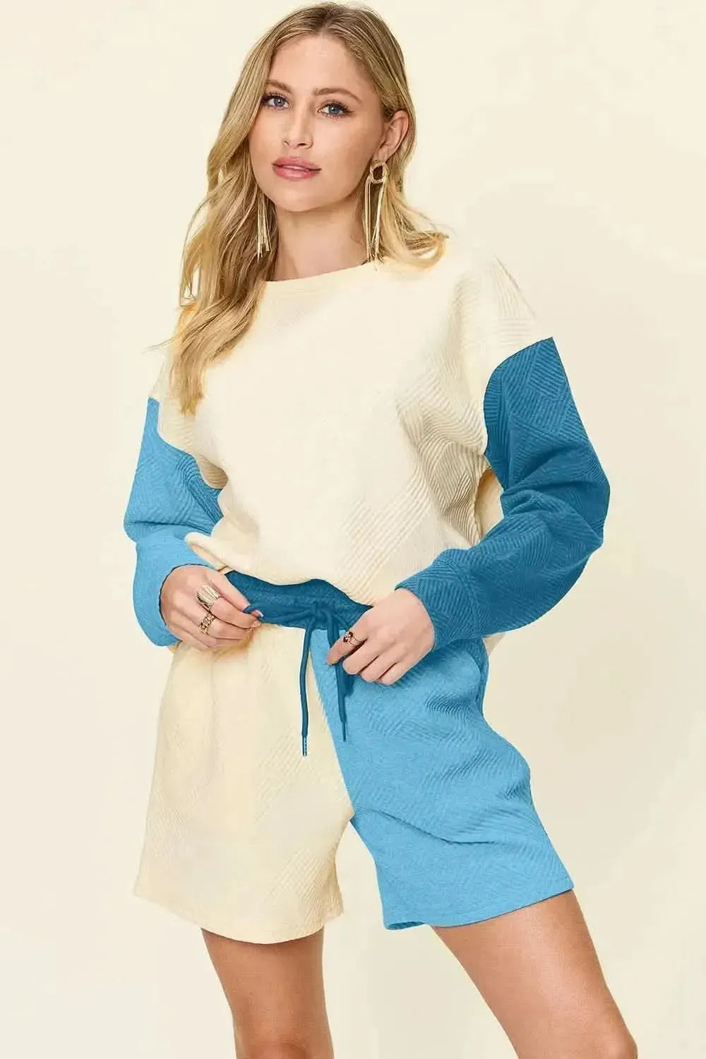 Double Take Full Size Contrast Drop Shoulder Top and Shorts Set - Bad Moms Club