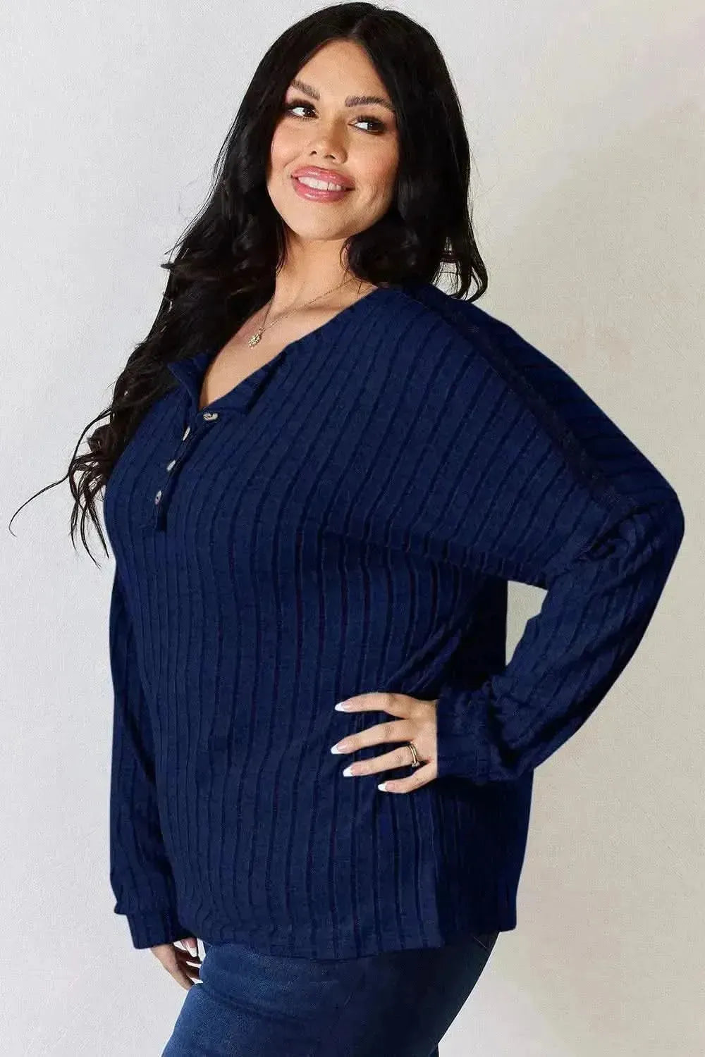 Basic Bae Full Size Ribbed Half Button Long Sleeve T-Shirt - Bad Moms Club