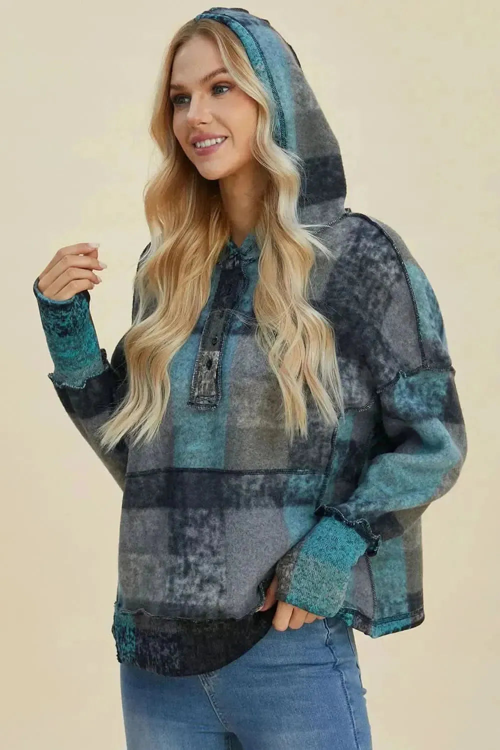 Double Take Full Size Plaid Dropped Shoulder Fleece Hoodie - Bad Moms Club