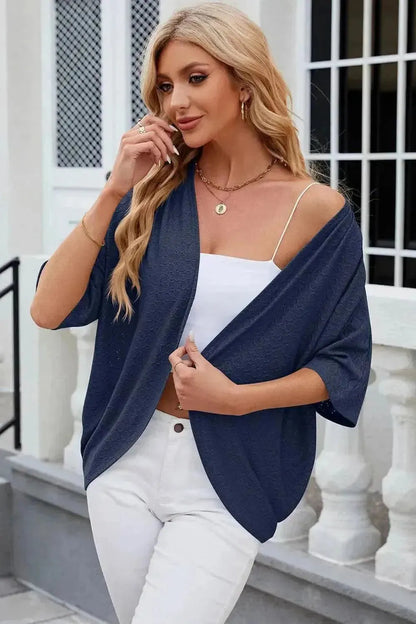 Eyelet Open Front Half Sleeve Cardigan - Bad Moms Club