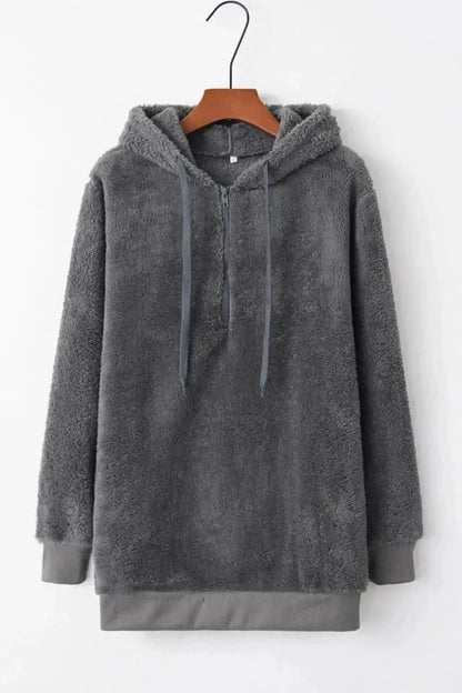 Full Size Quarter-Zip Drawstring Teddy Hoodie - Bad Moms Club