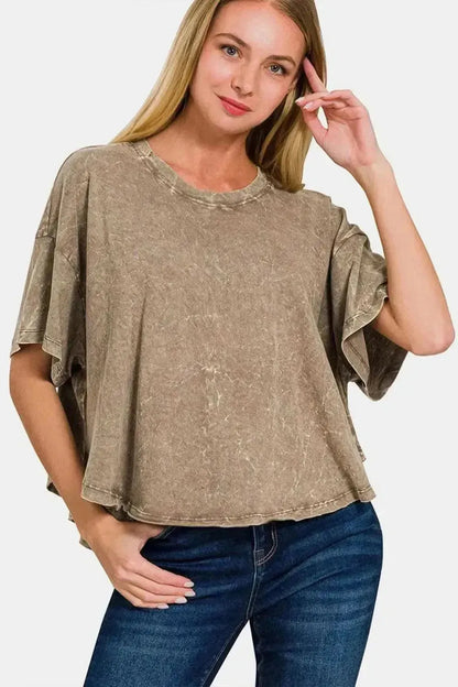 Zenana Washed Round Neck Drop Shoulder Cropped T-Shirt - Bad Moms Club