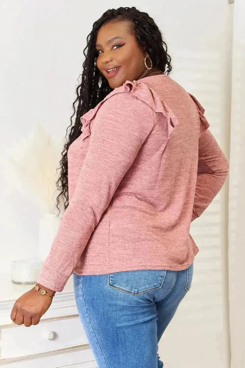 Double Take Square Neck Ruffle Shoulder Long Sleeve T-Shirt - Bad Moms Club