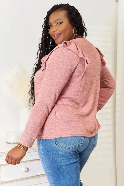 Double Take Square Neck Ruffle Shoulder Long Sleeve T-Shirt - Bad Moms Club